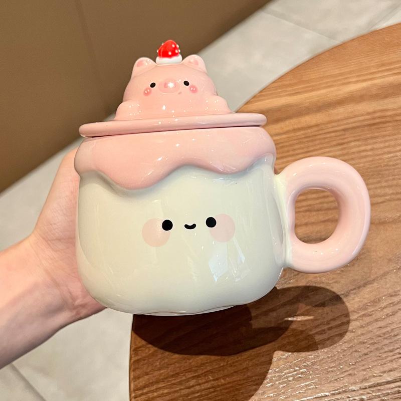 Gift Super Cute Pudding Mug Household Ceramic Water Cup with Lid Spoon Coffee Cup Souvenir