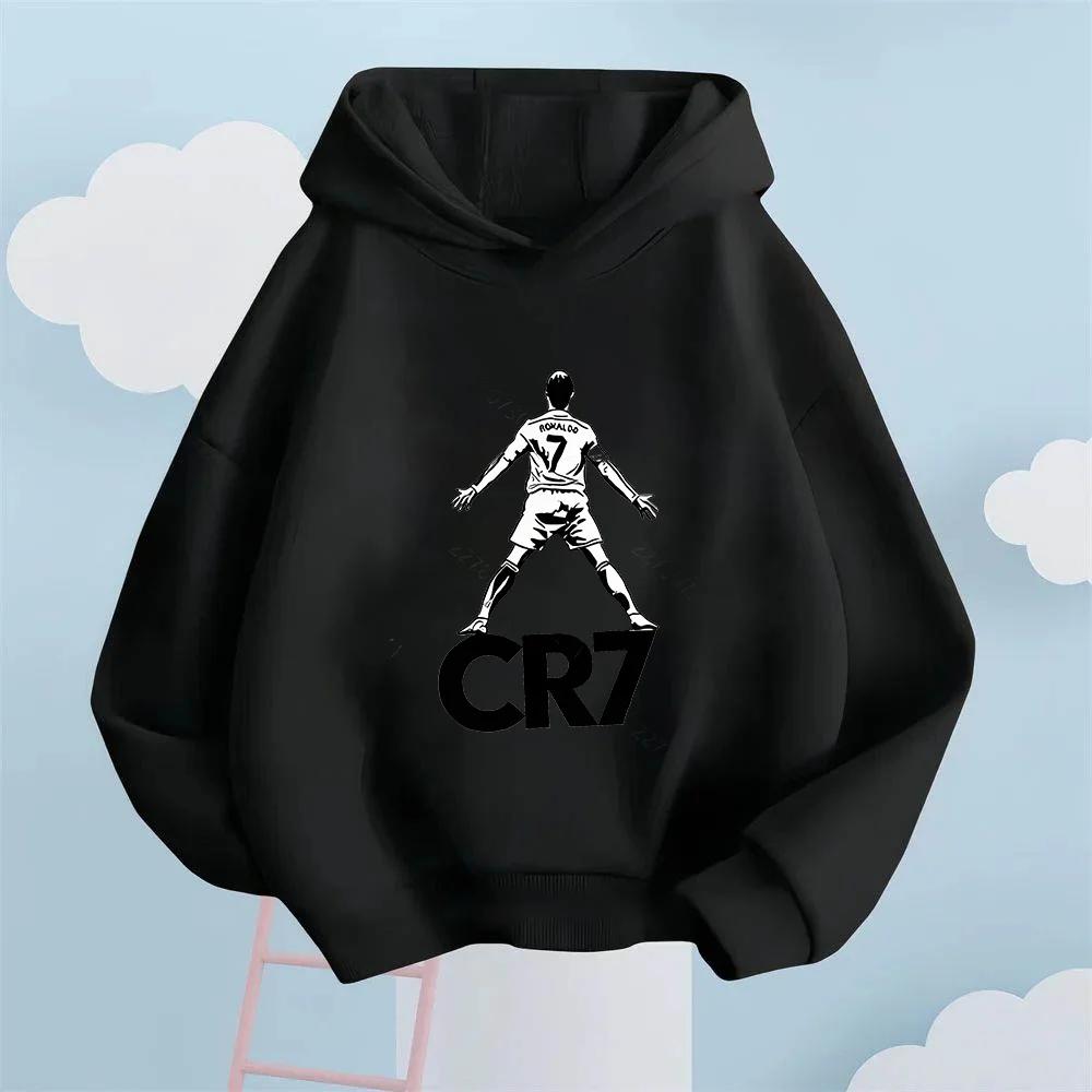 Kids CR7 Ronaldo HoodieChildren White Drawstring Hooded Sweatshirt Football Star Graphic Print Casual Pullover Top Sports Outfit