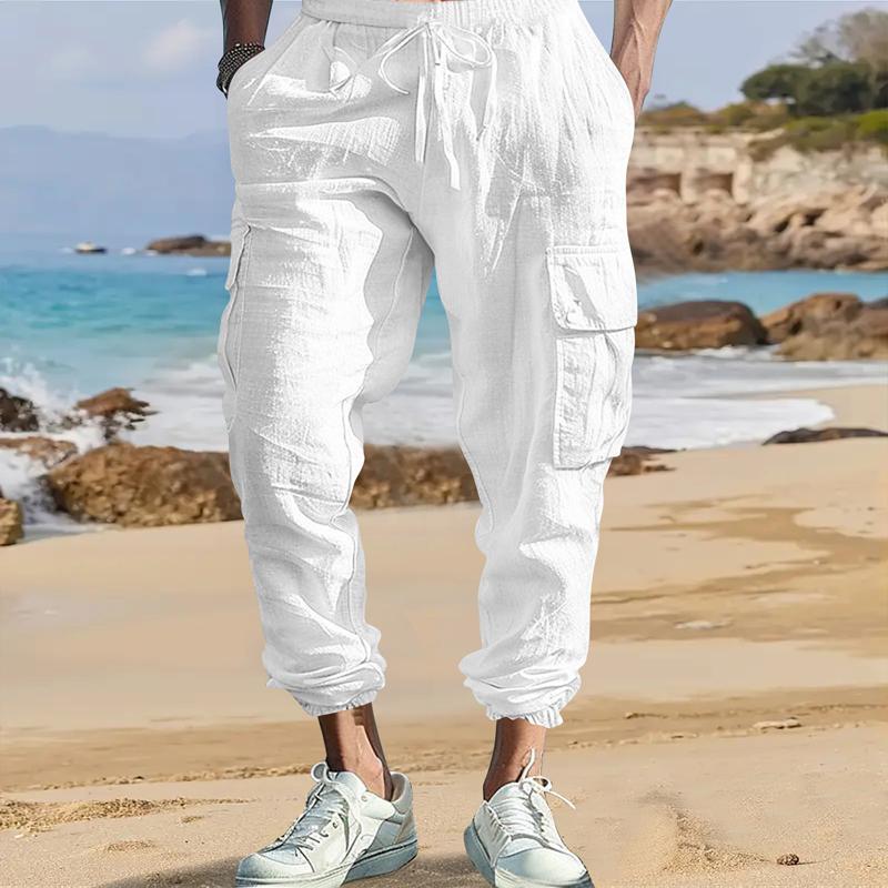 

Men s Cotton Linen Cargo Pants Male Spring and Autumn Breathable Solid Color Multiple Pockets Trousers Fitness Streetwear S-3XL S белый