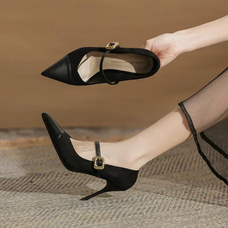Fashion Sexy Pointed Toe Thin High Heels Women Leather Covered Toe Design Women Pumps Metal Belt Buckle Women's Elegant High Heel Shoes