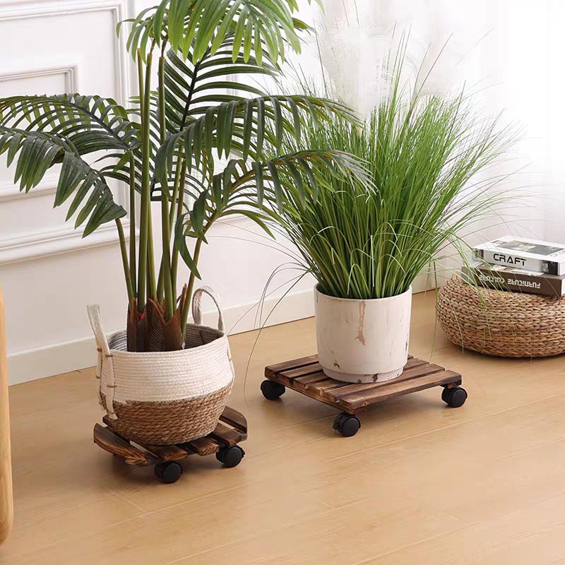 Solid Wood Mobile Plant Saucer with Wheels, Balcony Planter Stand Base with Universal Casters and PP Wheels