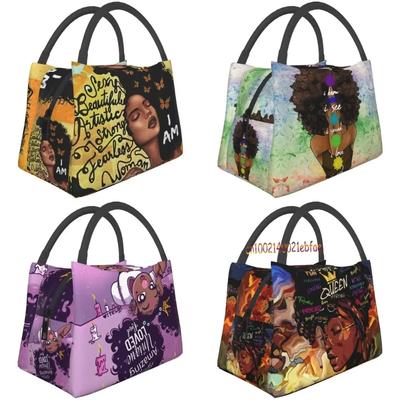 African Woman Reusable Thermal Lunch Bag Insulated Large Lunch Box Durable Lunch Cooler Bag Tote Bags for Girls Office Picnic