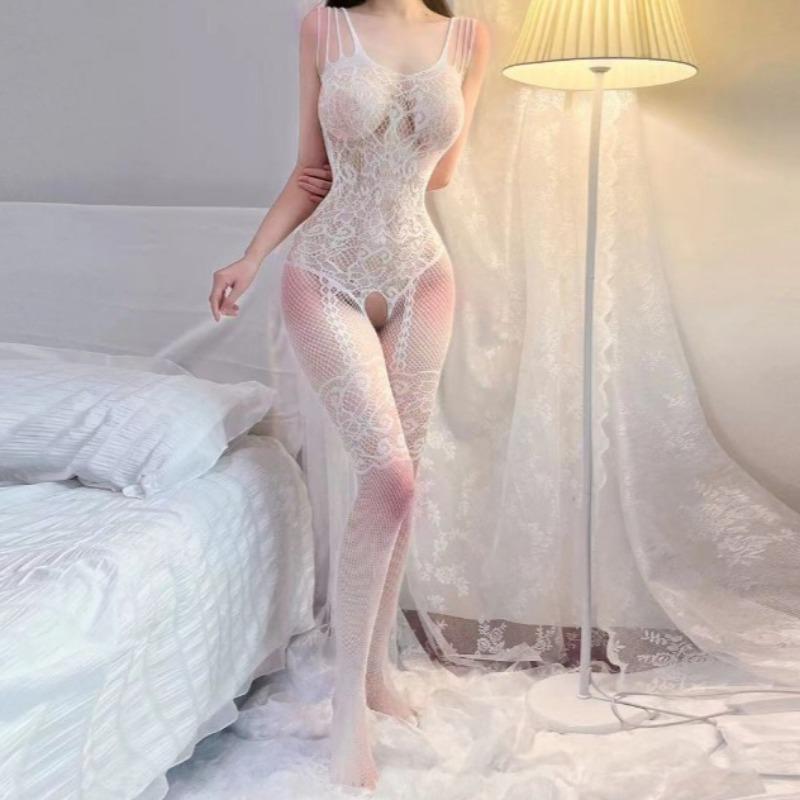 Ladies Lace Fishnet Stocking Sexy Hollow Catsuit Open Crotch Stockings Lingerie Bodysuit