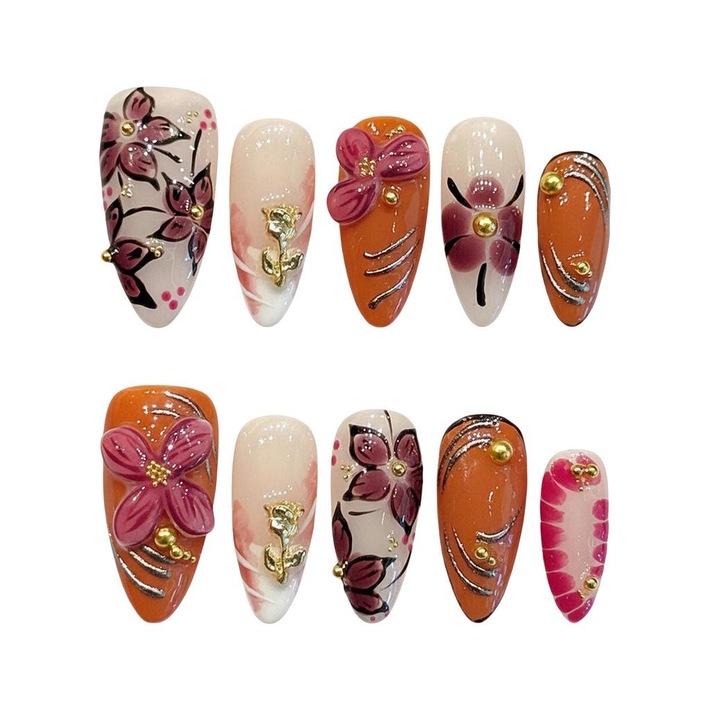 10Pcs Handmade Fake Nails With 3D Carved Petals Decor Almond Press On Nails Manicure Tool For Woman Detachable False Nails
