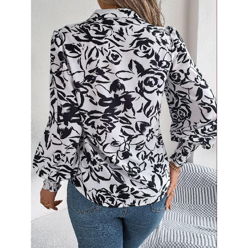 2026 Spring/Summer Elegant Contrast Color Floral Lantern Sleeve Turn-down Collar Shirt Casual Breathable Women's Top