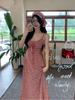 2026 Women's Red Plaid Open Back Strappy Summer Dress with Slim Waist and Pastoral Style Long Skirt