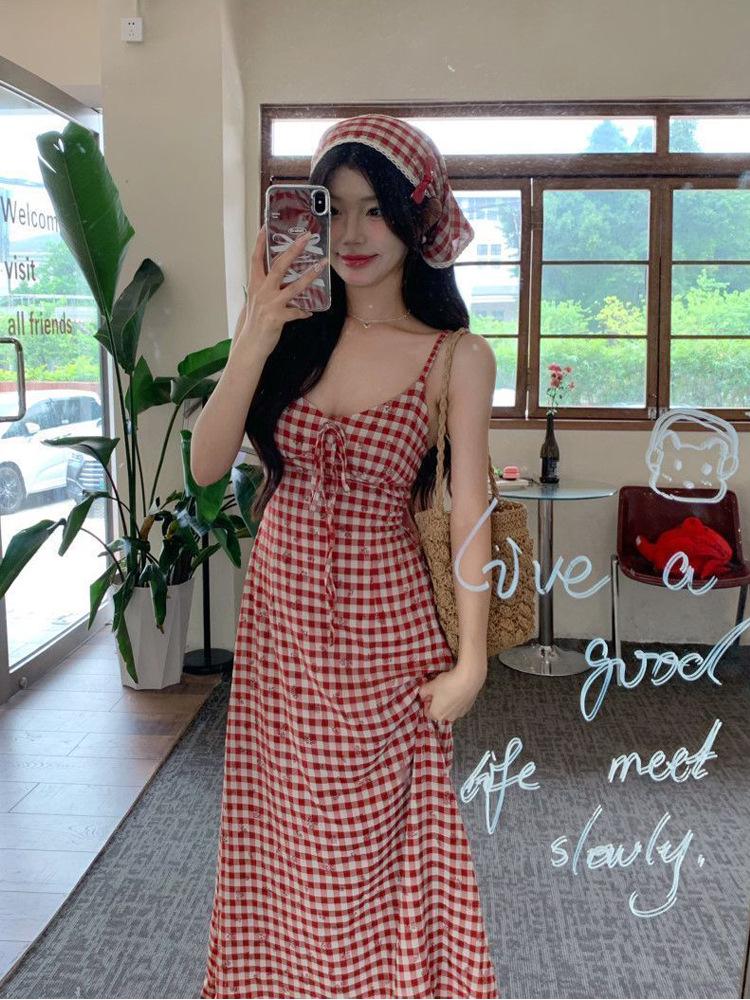 2026 Women's Red Plaid Open Back Strappy Summer Dress with Slim Waist and Pastoral Style Long Skirt