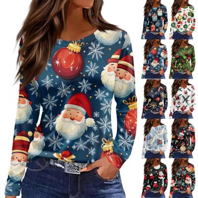 Women's Fashion Casual Slit Hem Round Neck Long Sleeve Loose Christmas Printed T-Shirt Top