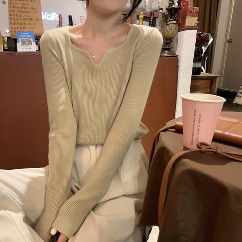 Fashion Square Collar Inner Knitted Pullover Bottoming Sweater Autumn Winter Slim Fit Office Loose Tops Knitwear V Neck Solid Basic Sweet Clothing