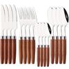 16Pcs Cutlery Sets Stainless Steel Knife Fork Tea Spoon Imitation Wooden Handle Dinnerware Western Tableware Kitchen Silverware