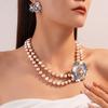 Luxury Alloy Gold Plated Rhinestone Flower Pearl Chain Necklace and Earring Set for Women Wedding Party Gift Jewelry