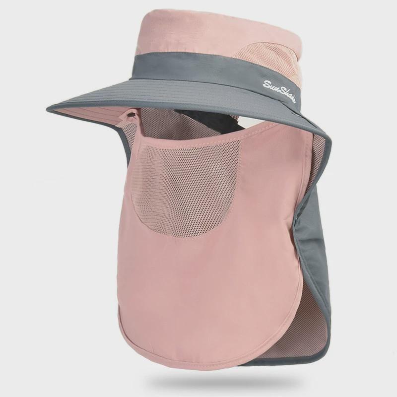 

Summer Men s and Women s Outdoor Sun Hat Sun-Proof Bucket Hat Hole Mesh Breathable Ponytail Brim Hiking Sun Hat 9014 Two-color powder