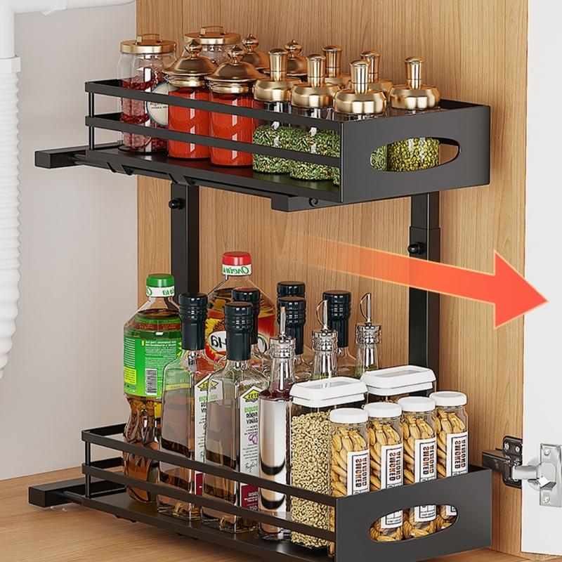 Metallic Beneath Cabinet Pull Out Holder 2 Level Adaptable Shelf For Kitchen Sink Storage Practical Solution