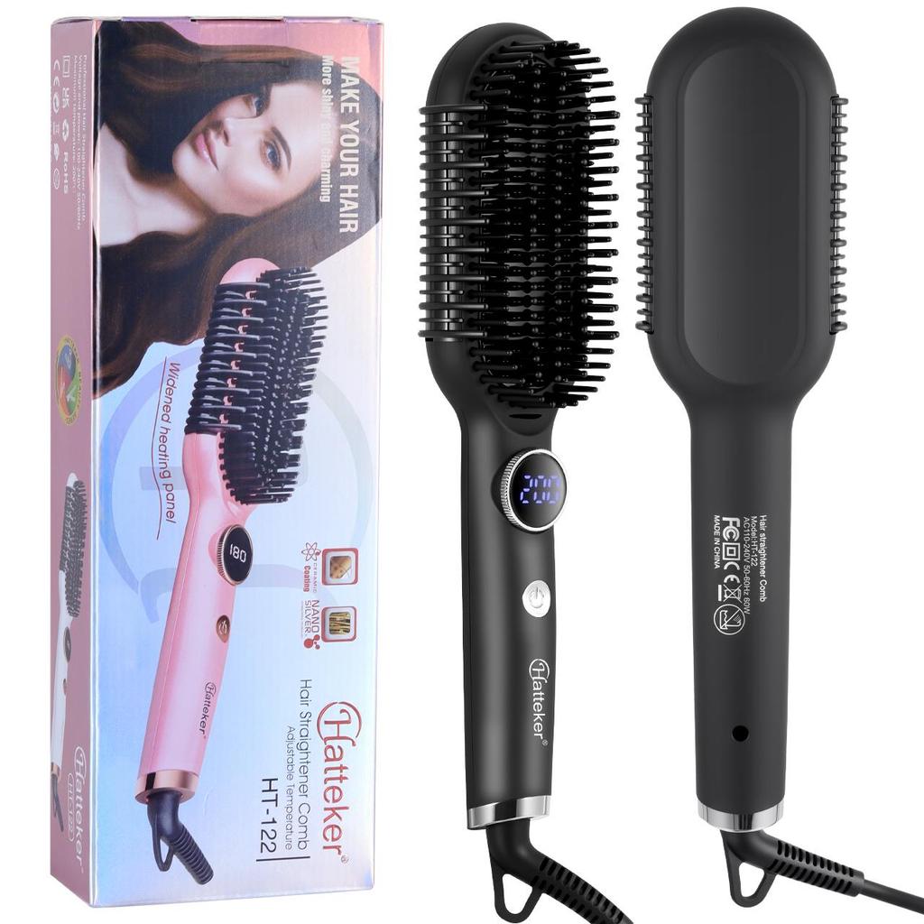 Hatteker Hair Straightener Brush Fast Heating Flat Iron and Hair Brush 2-in-1 Curl Smooth Professional Wider Comb