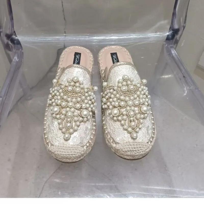 2026 New String Bead Half Slippers Spring Slides Women Shoes Pearl Hemp Women Cotton Fabric Lace Shoes