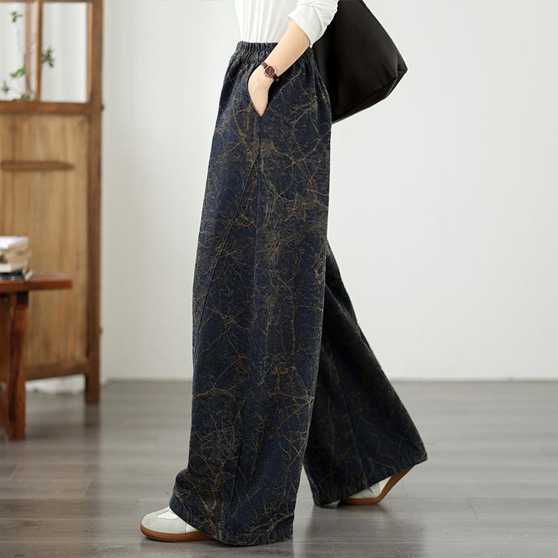 DIMANAF 2026 Herbst Winter Neu Übergröße Damen Jeans Lange Hosen Elastische Taille Geblümt Locker Lässig Denim Baumwolle Dick Vintage Damen Hosen