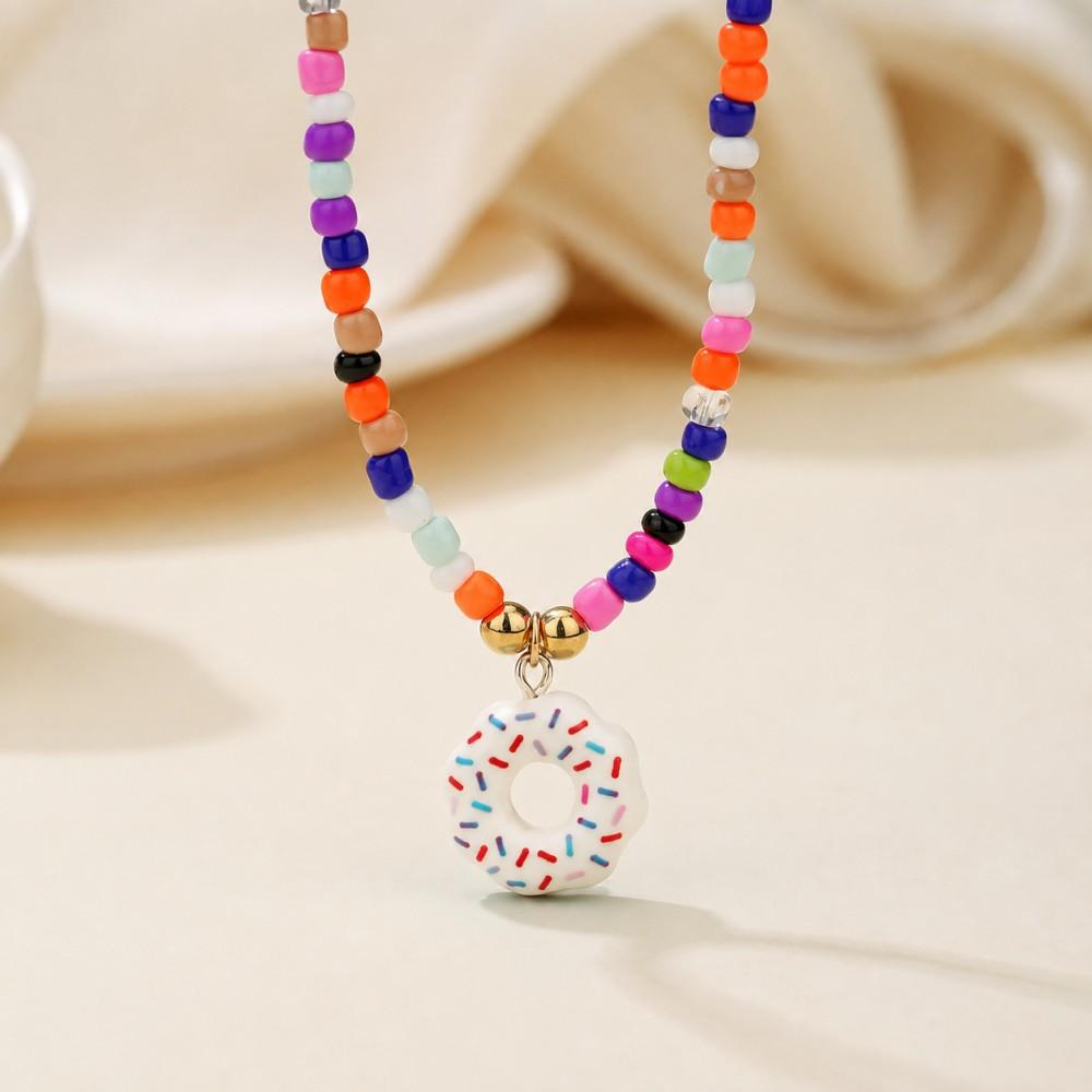 Color Beaded Cartoon Necklace, Niche Versatile Acrylic Donut Pendant Rice Bead Necklace