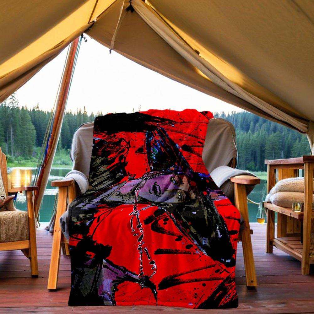 Abstract Art Print: Vibrant Red and Black Expressionist Portrait Blanket Lightweight Flannel Throw Blanket for Sofa, Bed, Travel, Camping, 130x150cm