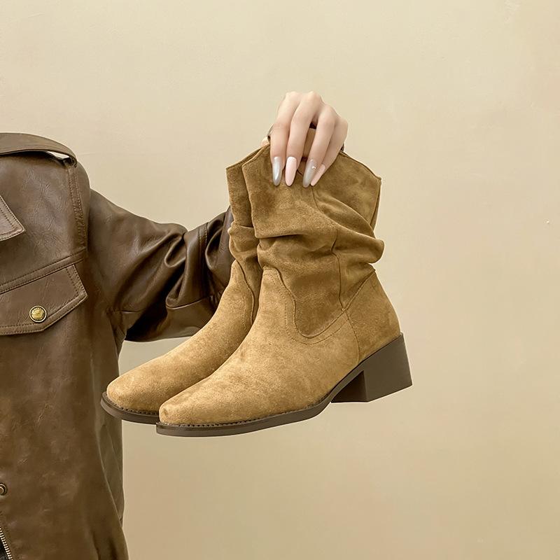 Retro Style Square Head Thick Heel Fashion Short Boots Women's Autumn and Winter Fashion with Coat Short Tube Pile Pointed High Heel Thin Boots