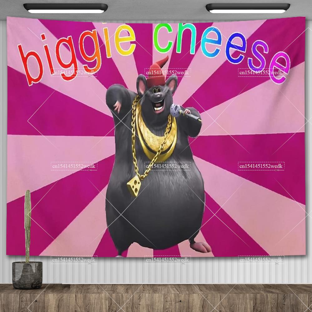 Biggie Cheese Meme Tapestry Kawaii Anime Rat Tapestry Wall Hanging Aesthetic Room Decor Banner Home Decoration Macrame Natal