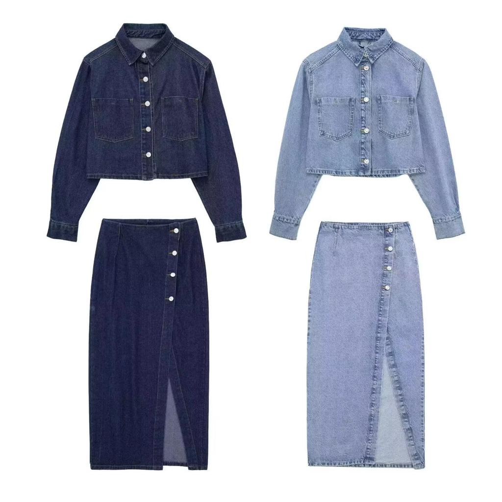 Spring & Autumn Women's Short Denim Jacket and Skirt Set - European & American Style