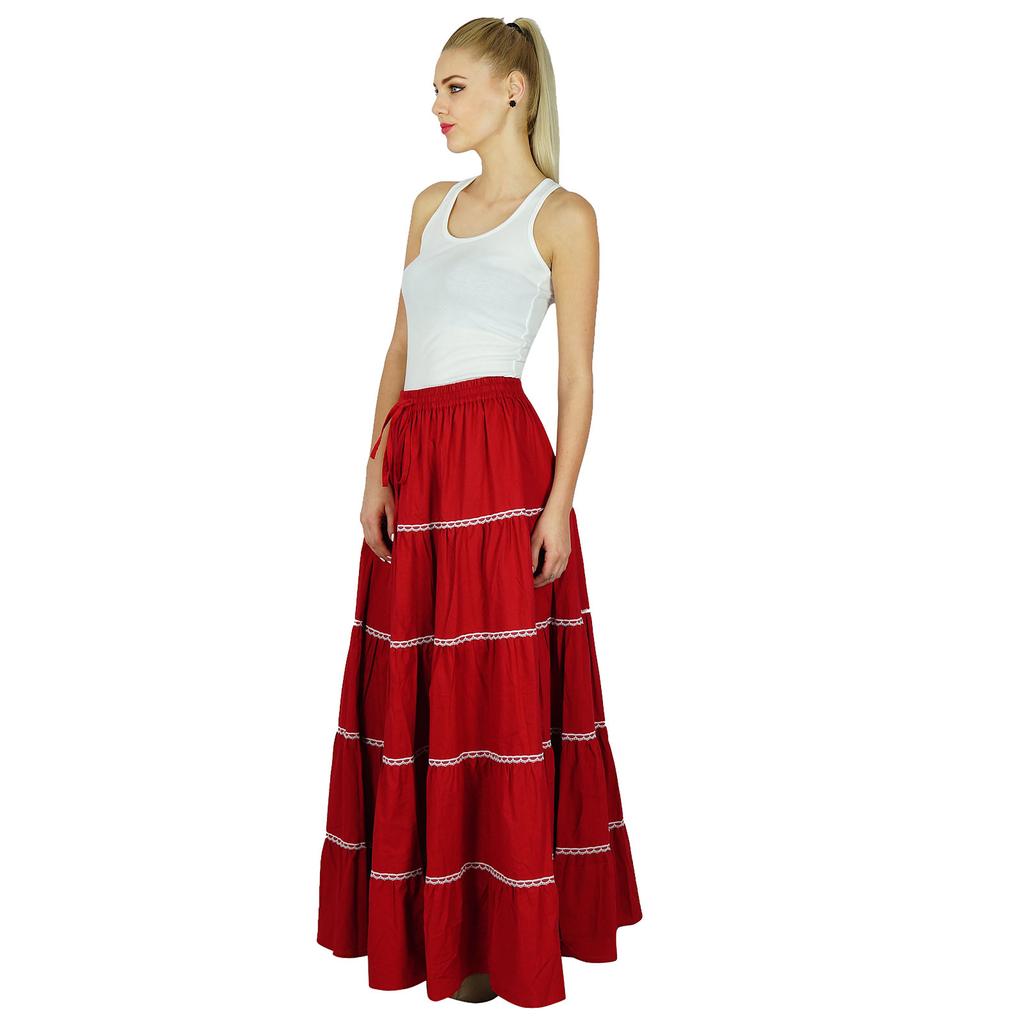 Bimba Damen Langer ausgestellter Baumwollrock Boho Maxi Unterteil Elastische Taille