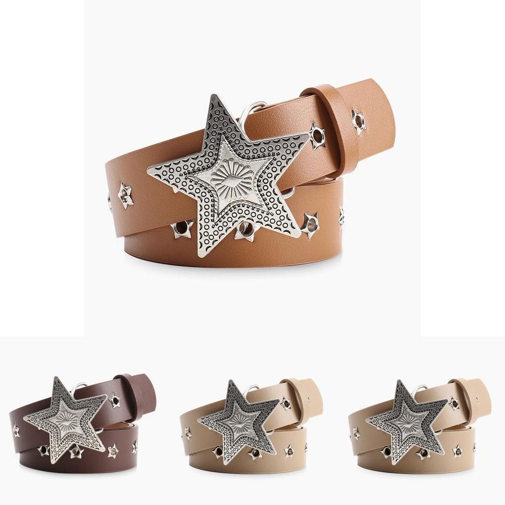 Fashion Womens Leather Belt With Star Pattern And Metal Buckle For Casual And Office Wear