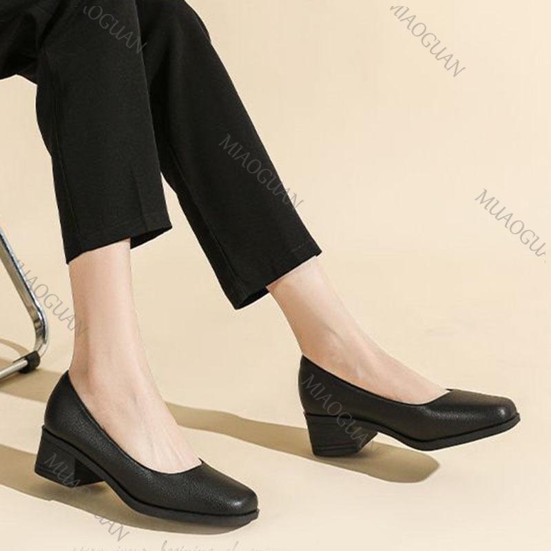 Fashion Black Comfortable Soft Leather Middle Heel Work Shoes Women Soft Bottom Square Toe Pumps Single Shoes Casual Heels for Women