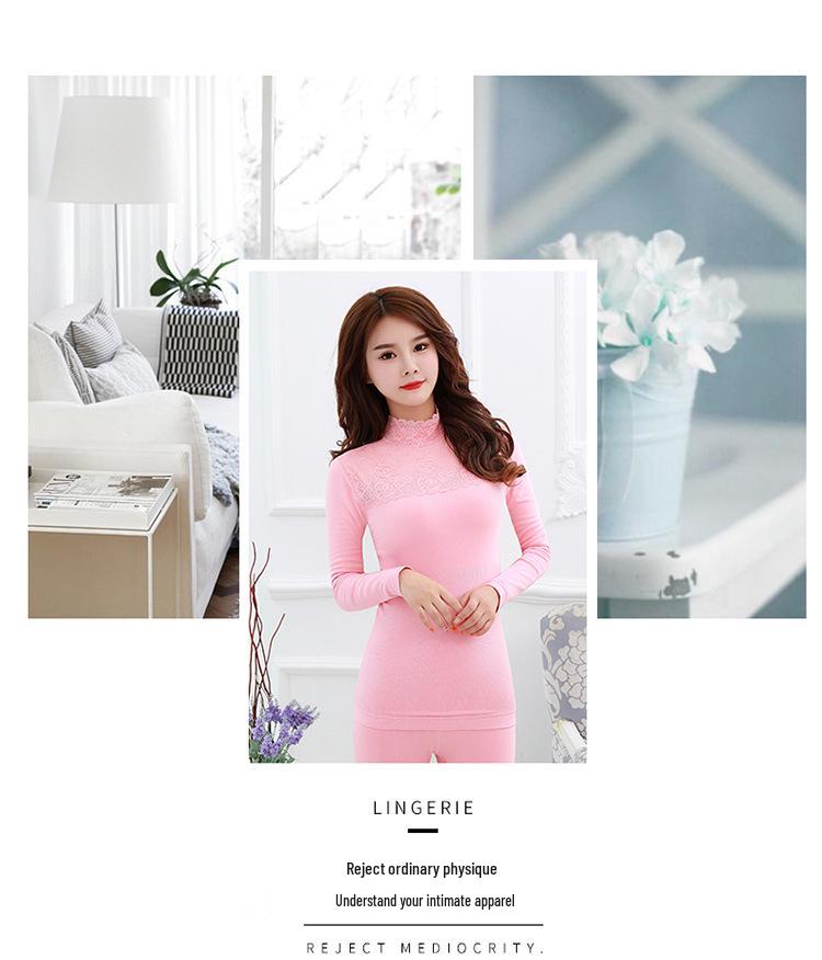 Lace High-Neck Fleece-Lined Women's Warm Underwear Set - Autumn Style (8825)