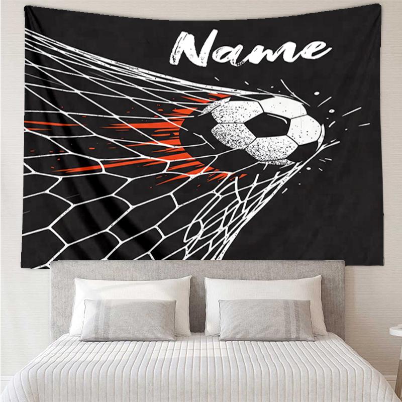 Custom Name Soccer Print Tapestry, Backdrop, Easy Setup, Ideal for Bedroom, Office & Living Room, with Aesthetic Wall Hanging Decor.