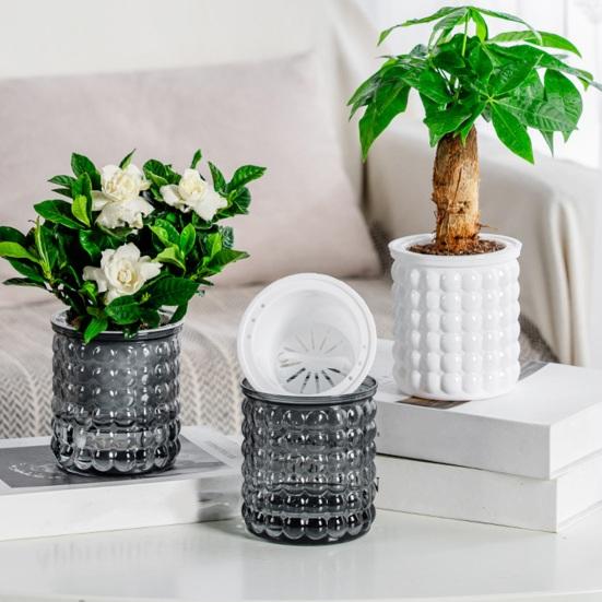 Self-Absorbing Flowerpot with Transparent Water Level Indicator Self Watering Planter with Bubble Texture Double-Layer Design for Indoor Plants
