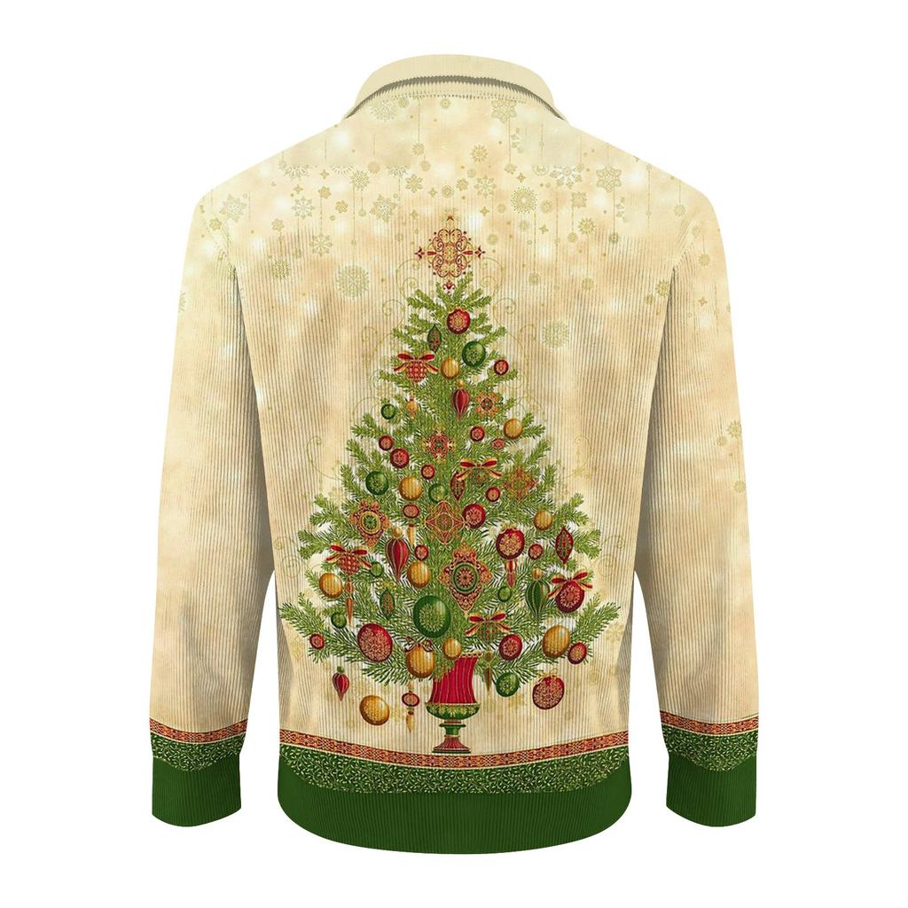 Men's Christmas Cotton Pullover Long Sleeve Outdoor Shirt Vintage Corduroy Button Stand Collar Shirt Casual Sweatshirt Christmas Print Top