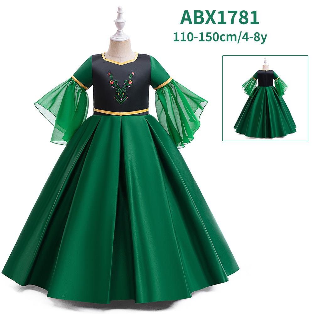 Performance Costume Girls Dresses Green Satin Embroidered Puff Sleeve Girls' Formal Gown