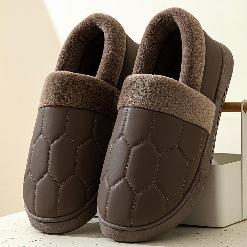 Fashion Men Big Size 50 Winter Slippers Home PU Leather Shoes for Men Indoor Waterproof Fur Cotton Male Bedroom Slipper Flat Houseshoes