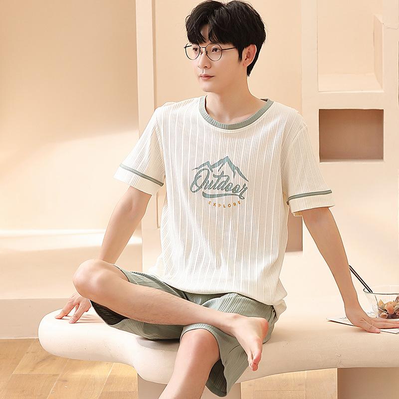 Cotton Sleepwear Loungewear Men's Big Size Long Sleeve Long Trousers Youth Nightwear Homewear Two Sets Cartoon Striped Pajamas