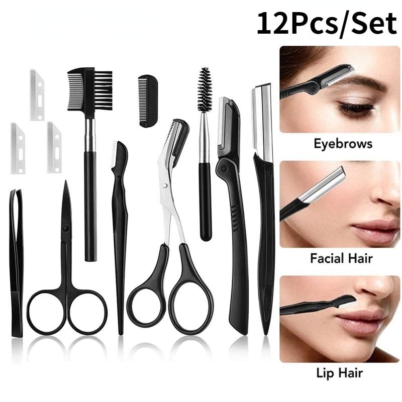12Pcs Black Eyebrow Trimming Scissors Stainless Steel Tweezers Eyebrow Scraping Eyebrow Comb Razor Eyebrow Clip Makeup Tools Sets