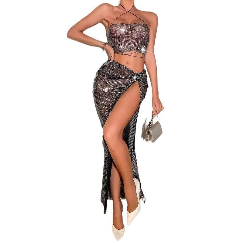 2025 Amazon Cross-Border Rhinestone Fishnet Dress Set Sexy Strapless Slit Skirt Hot Girl Style