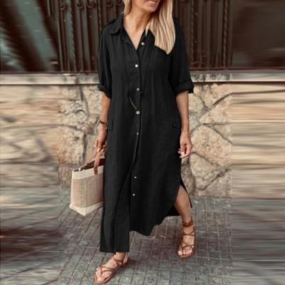 Women Fashion Casual Cotton Linen Dress Solid Color Long Sleeve Long Dress