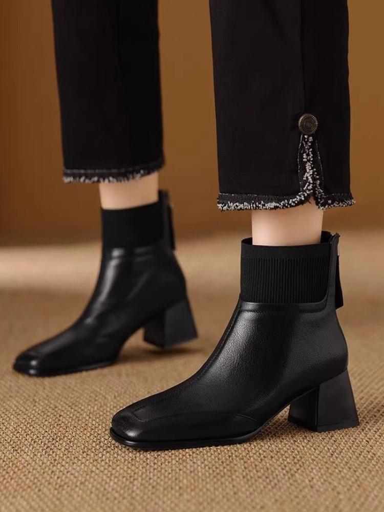 Fashion Ankle Boots for Women Heeled Leather Splicing Knit Office Booties Comfortable and Elegant Goth Y2k Autumn Chic Woman Short Shoes