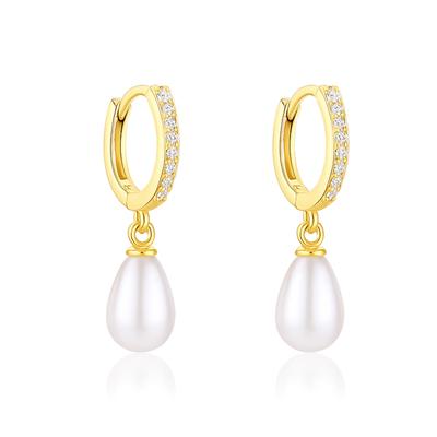 Pearl Drop Huggie Hoop Earrings - 925 Sterling Silver Yellow Plated