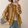 Retro Plaid Shirt Plain Tops Spring Autumn Lapel Long Sleeve Shirts Women Chic Loose Blouse Asian Size