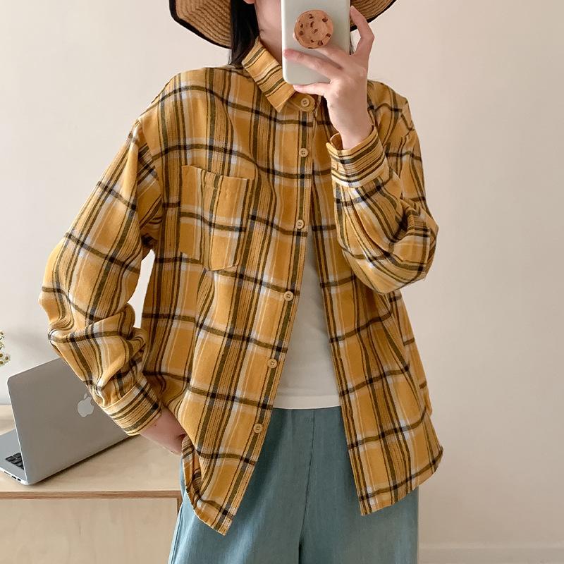 Retro Plaid Shirt Plain Tops Spring Autumn Lapel Long Sleeve Shirts Women Chic Loose Blouse Asian Size