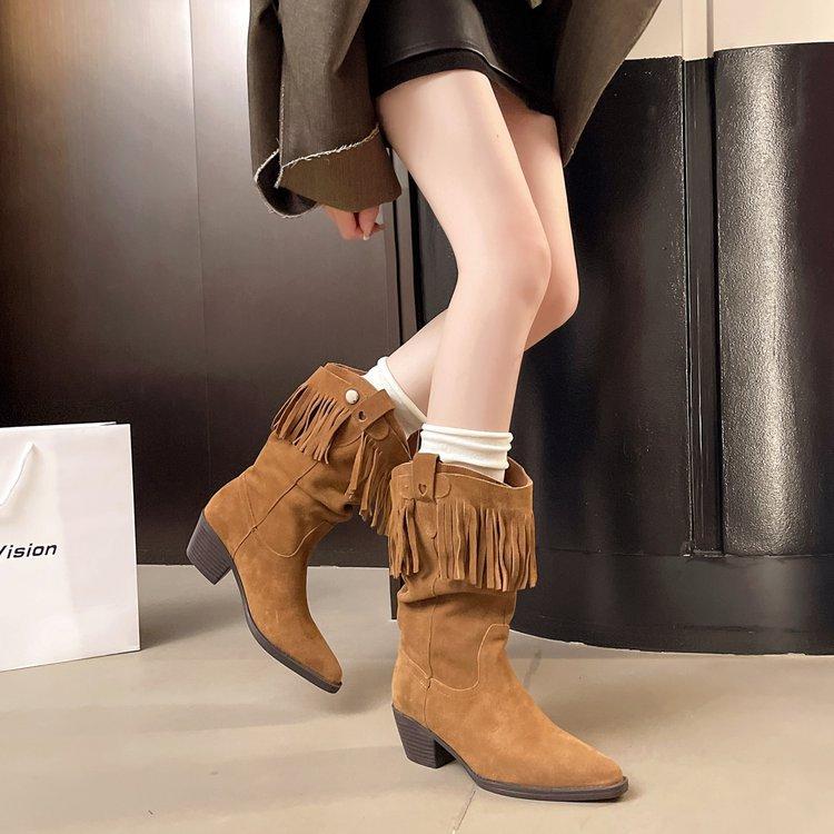 Maillard retro fringed thick heel medium tube Martin boots women's 2025 new autumn and winter pointed western cowboy boots short boots