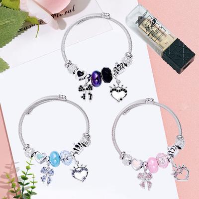Bracelet Bangle en Acier Inoxydable Couronne Cœur Perlé Nœud Diamant pour Filles Étudiantes Bijoux Mode Cadeau