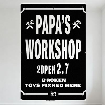 Vintage Papa's Workshop Metal Tin Sign with Wrench & Axe Icons, 'OPEN 2.7' & 'BROKEN TOYS FIXED HERE' Text, Home/Bar Man Cave De