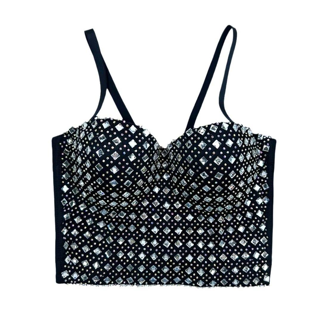 

Укороченный топ yushutiff со стразами, женский корсет, бюстгальтер для ночного клуба, вечеринки, Rave Festival, бюстье, жилеты без рукавов, одежда