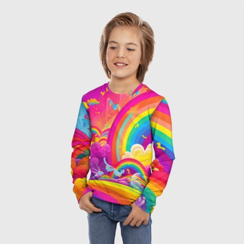 Children's Cartoon Kitten Print Color Painting T-shirt Boys Cute Long Sleeved Soft Comfortable Top