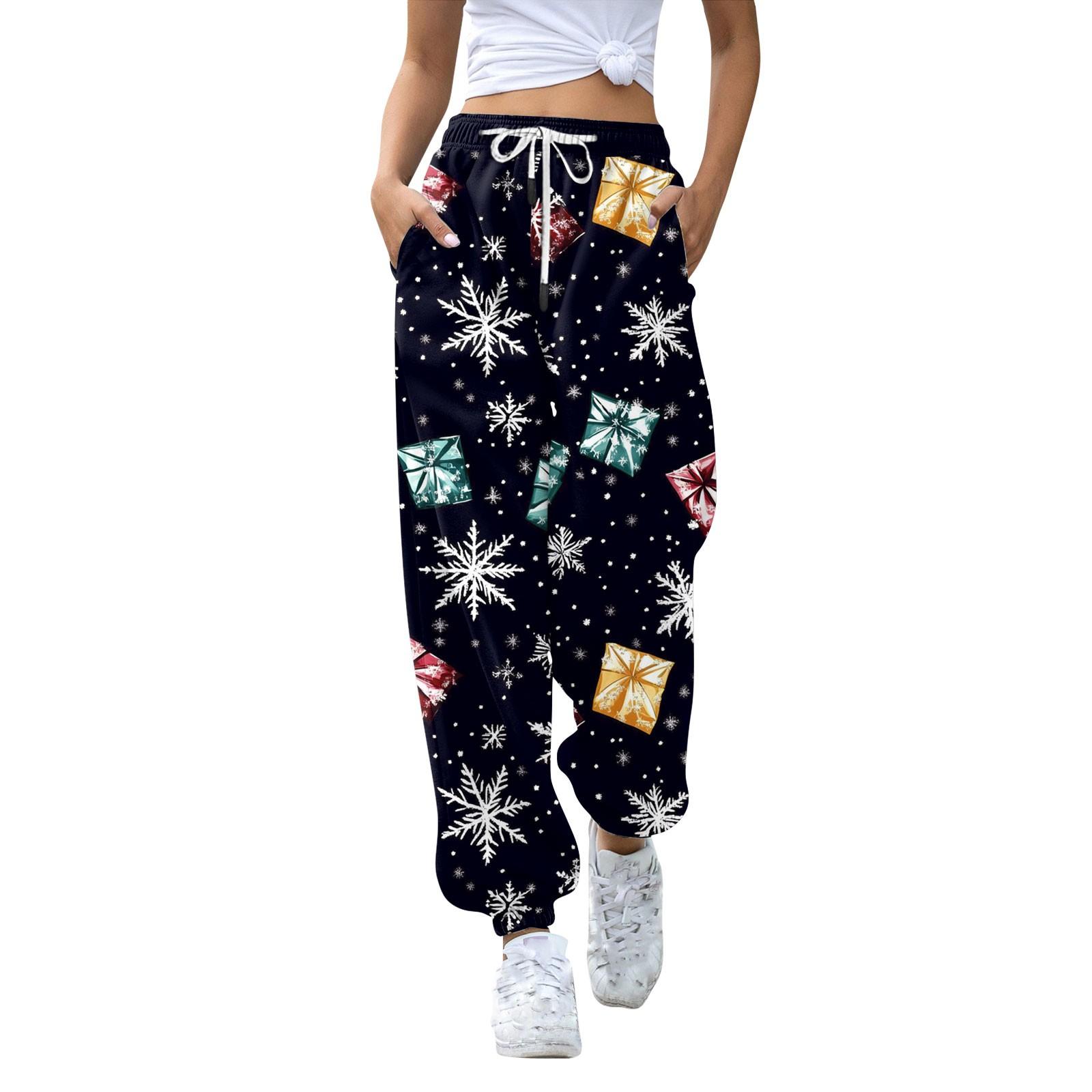 

Женские спортивные штаны с высокой талией, рождественским принтом, карманами, затягивающимися на шнурок M тёмно-синий