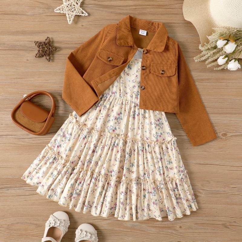 

[Floral Dress Set] 2pcs PatPat Kid Girl Long-sleeve Jacket and Allover Floral Print Slip Dress Set 18 - 24M разноцветный