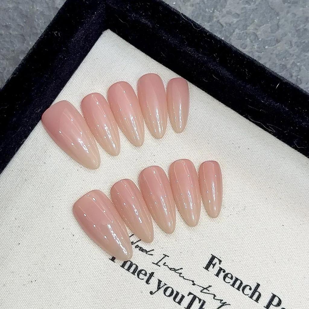 10Pcs Handmade Almond French Rhinestone Press On Nails Retro Nude Full Cover Fake Nail Tips Manicure Art
